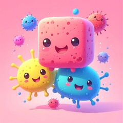 Cheerful cartoon entities stack a smiling cube atop two rounded forms with smaller happy creatures surrounding them