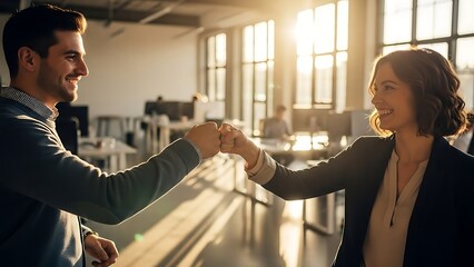 A man and woman in business attire fist bumping in a modern office with large windows and natural light