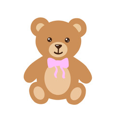 Obraz premium Cute flat illustration of a teddy bear with a pink bow isolated on white background. Adorable toy character suitable for children design, baby products, greeting cards, stickers, and nursery decoratio