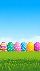 Cheerful Easter illustration showing colorful decorated eggs resting in green grass against a bright blue sky background