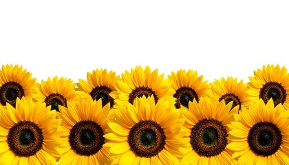 Cheerful field of sunflowers with bright yellow petals against a crisp white background creating a clean, sunny image