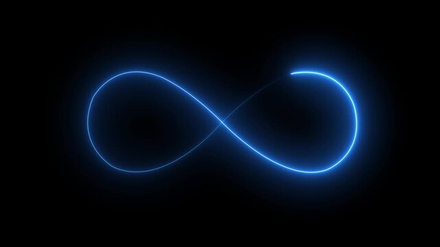 glowing neon blue infinity symbol icon with a clean line design on a dark background. Represents infinity, endless loop, continuity, eternity, balance, and unlimited potential in a modern futuristic