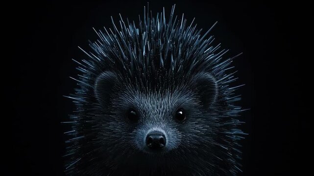 Dark portrait of a hedgehog with detailed spikes, on a black backdrop