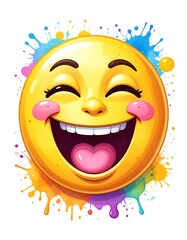Cheerful yellow emoji laughs heartily with closed eyes, mouth open, surrounded by splashes of vibrant colors