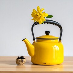 Cheerful yellow kettle adorned with a bright flower atop a wooden surface, simple and clean