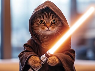 Adorable Tabby Cat in a Mysterious Hooded Robe, Holding a Brightly Luminous Energy Sword, for Whimsical Fantasy Pet Content
