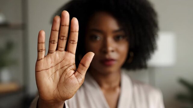 A serious dark skinned woman raises her hand in a stop gesture. She is wearing a cream robe, and the background is blurry with soft lighting.