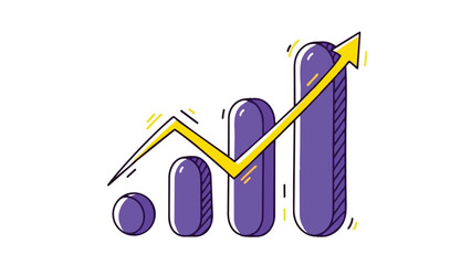 Flat vector of a rising bar chart in purple, topped with a bold yellow arrow indicating growth. Ideal for business analytics, sales reports or financial progress concept designs.