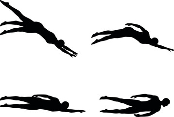Silhouettes of divers in various positions isolated on white background, Vector, illustration