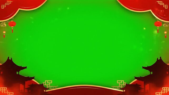 Vibrant traditional Chinese celebration template with auspicious red and gold patterns, lanterns, and classic architectural elements on a green screen for festive video backdrops