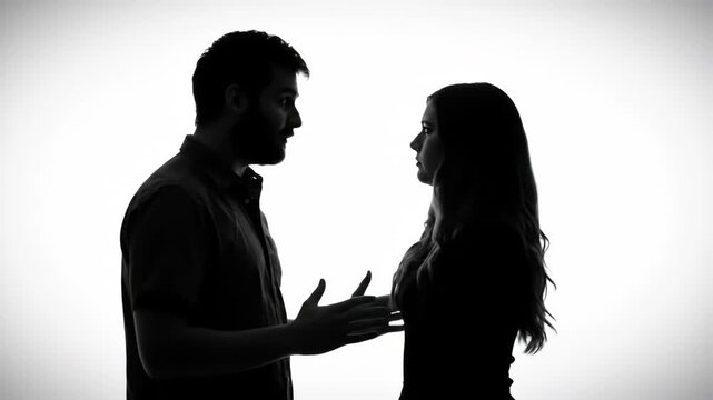 Silhouette of arguing couple in a minimalist, emotional black and white. The man and woman face each other with serious expressions against white background.