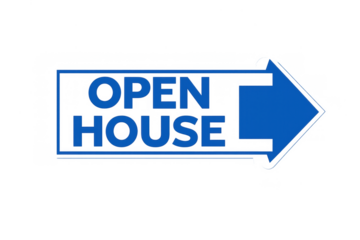 Open house sign showing a blue arrow for direction, indicating a property for sale. Transparent background