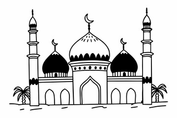 Flat vector illustration of an Islamic mosque with domes and minarets, isolated on a transparent background	
