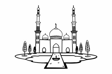Flat vector illustration of an Islamic mosque with domes and minarets, isolated on a transparent background	
