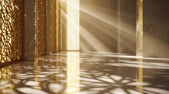 Golden light rays passing between mosque columns, creating a serene spiritual architectural scene.