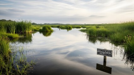 Peaceful wetland with conservation sign