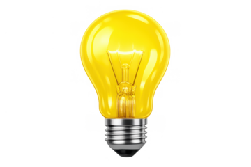 Yellow light bulb generating bright idea, glowing with innovation, energy and creativity on transparent background