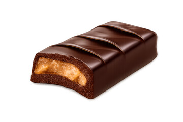 Obraz premium Bitten chocolate bar revealing a gooey caramel or toffee filling, a tempting sweet snack or dessert on transparent background