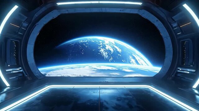 View of the Earth from a spaceship window with bright lights.
