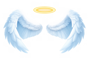 White angel wings and golden halo flying together, symbolizing divinity, heaven, and purity on transparent background