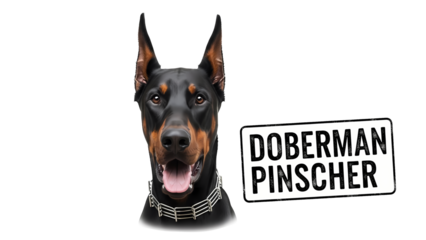 A dignified Doberman Pinscher with a nameplate, looking directly at the camera. The dog has a sleek, muscular build and alert expression