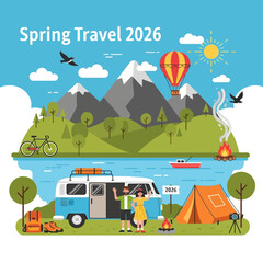 Naklejka premium Spring Travel 2026: Couple Camping with Camper Van, Mountains, Hot Air Balloon