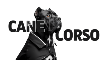 Stylish Cane Corso dog with striking attire, exuding confidence and elegance. The image showcases the dog with a refined and regal essence. The word is used to describe the type of the dog