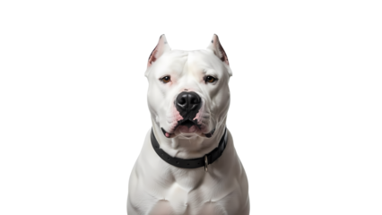 An intimidating and proud dog staring forward, demonstrating power. The dog, wearing a black collar, shows confidence 