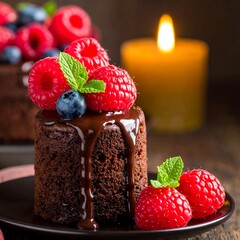 Chocolate dessert, drizzled with sauce, topped with raspberries and blueberries, set next to a candle on a wooden surface