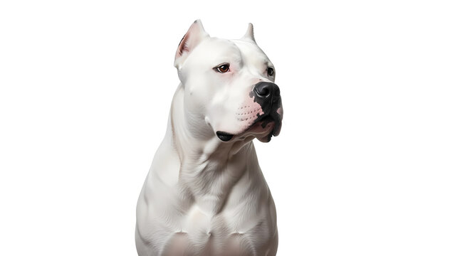 A powerful Dogo Argentino dog stands tall, showcasing its muscular build and alert expression. The dog's pure white coat is contrasted with its black nose and captivating gaze.