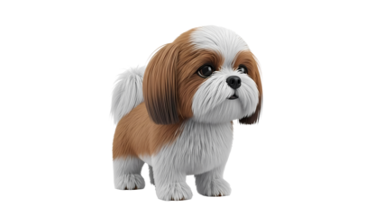 A Cute shih tzu dog standing alone and looking forward. This dog has a mix of brown and white fur, looking adorable.