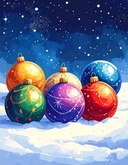Christmas balls in the snow under a starry sky, digital illustration, bright and vibrant colors, winter scene