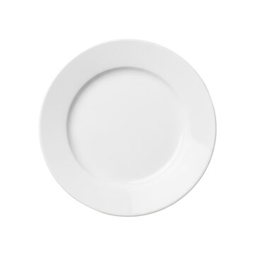 Empty, perfectly round, transparent ceramic dinner plate with a subtle raised rim, meticulously isolated on a pure transparent background with ample copy space, captured in a precise flat lay