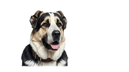 A stunning dog portrait with an intelligent gaze. The dog's coat is a mix of colors, creating a striking contrast