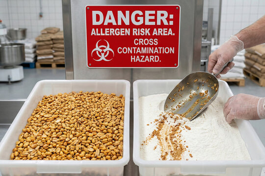 Allergen risk area with peanuts and white flour bins side by side showing potential cross contamination hazard in a food production facility