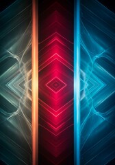 Dynamic vibrant abstract fractal pattern featuring intense color gradients and perfect vertical symmetry through digital reflection, technology, rendering, digital