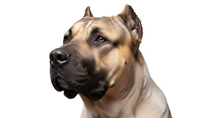 Obraz premium A muscular dog with a strong presence, displaying alertness with its focused gaze. Its powerful build and captivating eyes convey strength and loyalty.