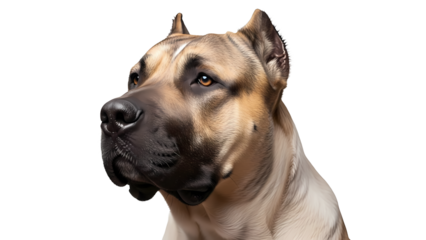 A muscular dog with a strong presence, displaying alertness with its focused gaze. Its powerful build and captivating eyes convey strength and loyalty.