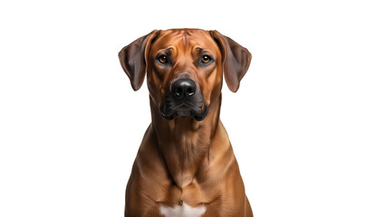 Obraz premium Close-up studio shot of a Rhodesian Ridgeback dog looking directly at the camera. The dog has a short, reddish-brown coat and a focused gaze