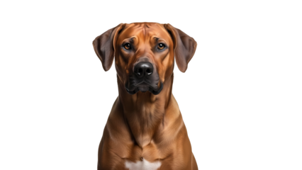 Close-up studio shot of a Rhodesian Ridgeback dog looking directly at the camera. The dog has a short, reddish-brown coat and a focused gaze