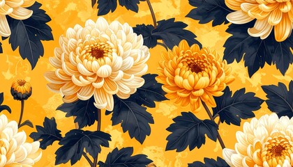 Chrysanthemum blooms and dark foliage on a textured yellow backdrop creates an ornate, floral visual pattern