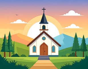 Church at sunrise. Path leads to a simple white building with hills, trees and clouds in the background