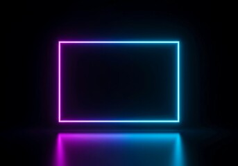 Modern abstract design background featuring a radiant, soft blue and purple glowing rectangular frame template over a deep black void, technological, energy, border