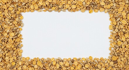 Overhead view of healthy raw cereal grains framing a large, clean white space, perfect for text, recipe titles, or design elements, design, agriculture, diet