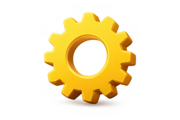 Yellow 3d gear icon symbolizing settings, technology, engineering, machinery, progress, configuration, and a system solution