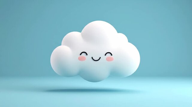 Cute white cloud with a smiling face floating against a blue background.