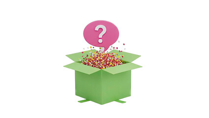 Question Mark in Speech Bubble Above Open Box with Confetti