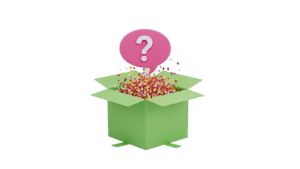 Question Mark in Speech Bubble Above Open Box with Confetti