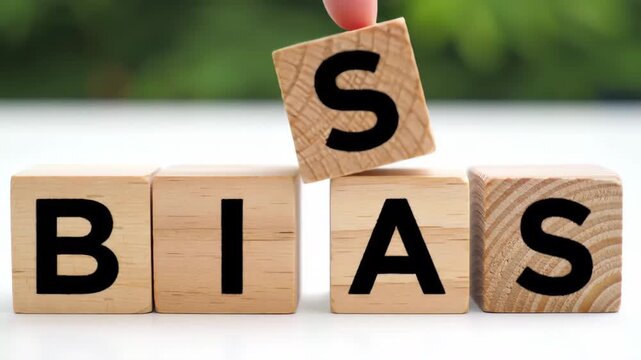 Wooden blocks spelling bias, resting on white with a blurred green backdrop, conveys concept of predisposition.