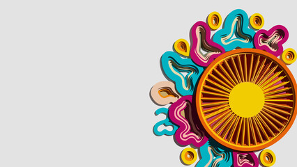 Colorful traditional design with vibrant shapes and sun motif, representing celebration against a light background with copy space for festival poster.
